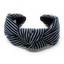 Load image into Gallery viewer, headband for women, denim knot headband, headbands for women, stylish headbands, white blue denim headband, top knot headband, denim top knot headband, striped denim headband, dark blue denim hairband, trendy headbands, handmade headbands, top knotted headband, knotted headband, trendy headband, fashion headbands, dark denim headband, blue striped headband, striped headband for women, blue white headband, denim headband for women, denim headband, best selling items, summer headband