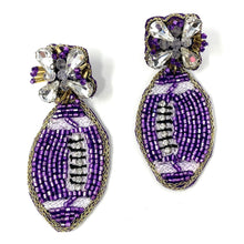 Load image into Gallery viewer, football Beaded Earrings, beaded football Earrings, football Earrings, football love Beaded Earrings, football bead earrings, football lover bead earrings, geaux tigers, purple earrings, Geaux earrings, tigers football earrings, football seed bead earrings, football accessories, Clemson accessories, sport earrings, gifts for mom, best friend gifts, birthday gifts, sport jewelry, sport bead earrings, football accessory, Clemson earrings, football fan earrings, go Frogs football, TCU