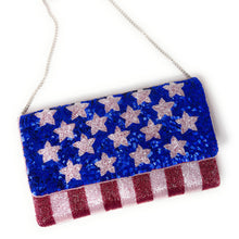 Load image into Gallery viewer, Beaded clutch with American flag design on a white background