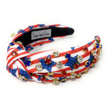 Load image into Gallery viewer, Americana Jeweled Headband, Patriotic Knotted Headband, Star Knotted Headband, Americana Hair Accessories, Red White Headband, Best Seller, headbands for women, best selling items, knotted headband, hairbands for women, hair accessories, Independence day gifts, Independence day Headband, Memorial day hair accessories, American headband, USA flag headband, Fourth of July headband, Fourth of July gifts, red white headband, star knot headband, Jeweled headband, USA Jeweled headband, USA Headband