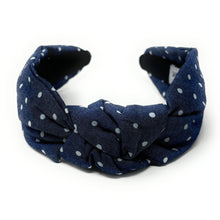 Load image into Gallery viewer, headband for women, denim knot headband, headbands for women, stylish headbands, polka denim headband, top knot headband, denim top knot headband, bejeweled denim headband, denim polka hairband, trendy headbands, handmade headbands, top knotted headband, knotted headband, trendy headband, fashion headbands, light denim headband, polka headband, gemstone headband for women, white polka headband, denim headband for women, dark denim headband, best selling items, summer headband