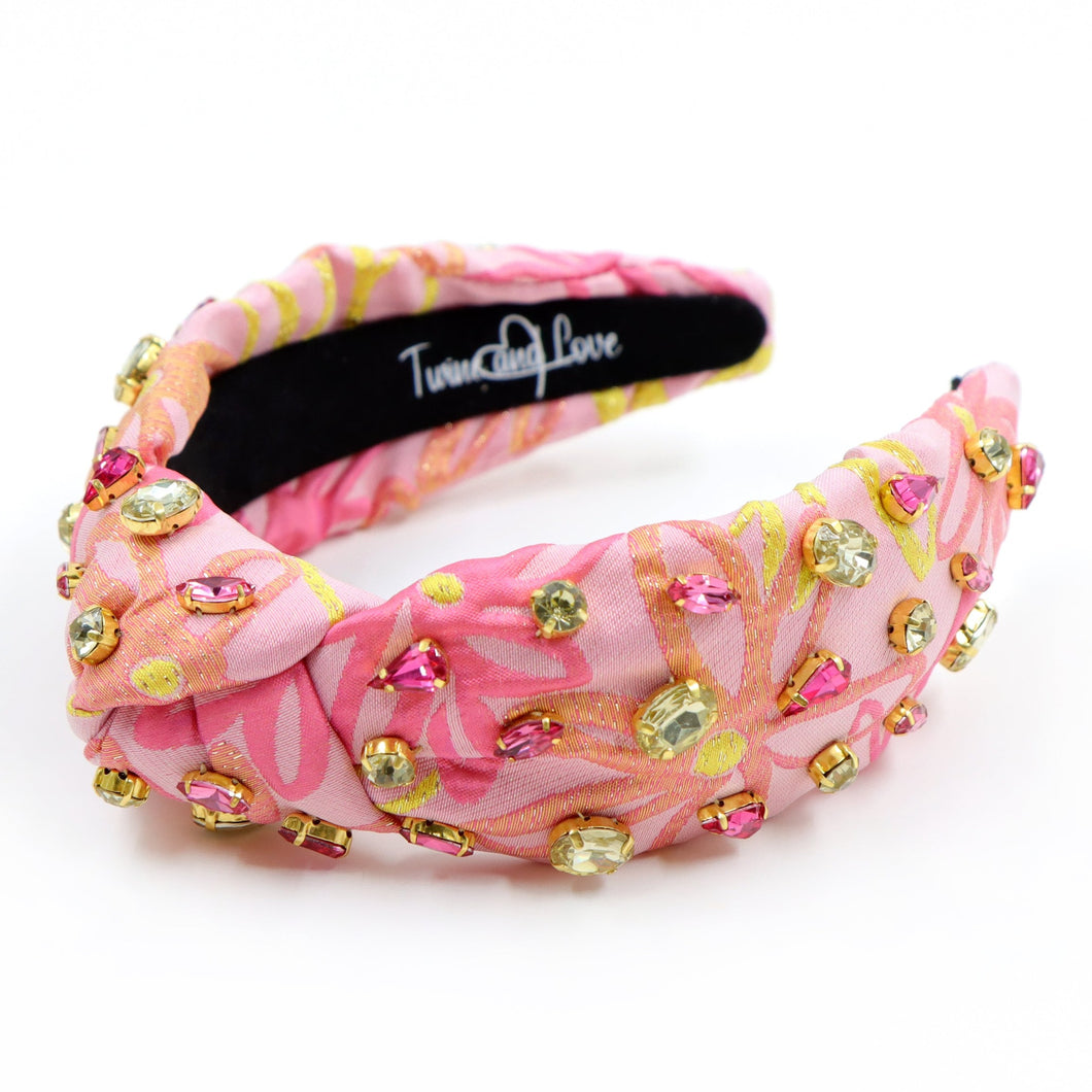 headband for women, tropical Knot headband, yellow pink headband, pink knot headband, top knot headband, pink yellow top knot headband, vacation top knot headband, resort hair band, summer knot headband, pink yellow color headband, handmade gifts, top knotted headband, knotted headband, party headbands, floral knot headband, tropical headbands, pink floral knot embellished headband, best selling items, luxury headband, custom headband, jeweled knot headband, Handmade headband, hand sewn headband