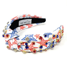 Load image into Gallery viewer, Americana Jeweled Headband, Patriotic Knotted Headband, Star Knotted Headband, Americana Hair Accessories, Red White Headband, Best Seller, headbands for women, best selling items, knotted headband, hairbands for women, hair accessories, Independence day gifts, Independence day Headband, Memorial day hair accessories, American headband, USA flag headband, Fourth of July headband, Fourth of July gifts, red white headband, star knot headband, Jeweled headband, USA Jeweled headband, USA Headband