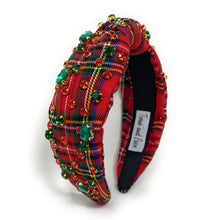 Load image into Gallery viewer, Christmas Jeweled Headband, Christmas Knotted Headband, red Knotted Headband, Christmas Hair Accessories, Red Headband, Best Seller, headbands for women, best selling items, knotted headband, Red plaid accessories, Christmas gifts, Christmas knot Headband, Red hair accessories, Christmas headband, holiday headband, Statement headband, Red Plaid gifts, embellished knot headband, jeweled knot headband, Red Plaid Embellished headband, Christmas embellished headband, Plaid headband, Holiday plaid headband