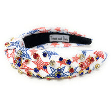 Load image into Gallery viewer, Americana Jeweled Headband, Patriotic Knotted Headband, Star Knotted Headband, Americana Hair Accessories, Red White Headband, Best Seller, headbands for women, best selling items, knotted headband, hairbands for women, hair accessories, Independence day gifts, Independence day Headband, Memorial day hair accessories, American headband, USA flag headband, Fourth of July headband, Fourth of July gifts, red white headband, star knot headband, Jeweled headband, USA Jeweled headband, USA Headband