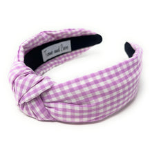 Load image into Gallery viewer, headband for women, gingham Knot headband, purple knot headband, LSU knotted headband, GEAUX, purple knot headband, game day headband, game day knotted headband, lilac headband, light purple hair band, Purple headbands, Lakers headband, college knot headbands, white and purple knotted headband, Geaux knotted headband, game day hair accessories, embellished headband, LSU knot headband, embellished knot headband, LSU accessories, custom headband, handmade headbands, lilac knotted headband