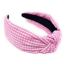 Load image into Gallery viewer, gingham Knot headband, light pink knot headband, pink knotted headband, pink color accessories, light pink knot headband, game day headband, game day knotted headband, baby pink headband, light pink hair band, pink headbands, baby shower headband, white and pink knotted headband, baby shower knotted headband, game day hair accessories, light pink accessories, gingham headband, spring headband, Easter accessories, custom headband, handmade headbands, Easter knotted headband, best selling items