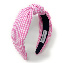 Load image into Gallery viewer, gingham Knot headband, light pink knot headband, pink knotted headband, pink color accessories, light pink knot headband, game day headband, game day knotted headband, baby pink headband, light pink hair band, pink headbands, baby shower headband, white and pink knotted headband, baby shower knotted headband, game day hair accessories, light pink accessories, gingham headband, spring headband, Easter accessories, custom headband, handmade headbands, Easter knotted headband, best selling items