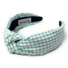 Load image into Gallery viewer, gingham Knot headband, light green knot headband, mint green knotted headband, mint color accessories, light green knot headband, game day headband, game day knotted headband, baby green headband, light green hair band, green headbands, baby shower headband, white and green knotted headband, baby shower knotted headband, game day hair accessories, light green accessories, gingham headband, spring headband, Easter accessories, custom headband, handmade headbands, Easter knotted headband