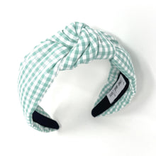 Load image into Gallery viewer, gingham Knot headband, light green knot headband, mint green knotted headband, mint color accessories, light green knot headband, game day headband, game day knotted headband, baby green headband, light green hair band, green headbands, baby shower headband, white and green knotted headband, baby shower knotted headband, game day hair accessories, light green accessories, gingham headband, spring headband, Easter accessories, custom headband, handmade headbands, Easter knotted headband