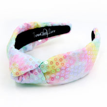 Load image into Gallery viewer, headband for women, summer Knot headband, rainbow headband, Summer knotted headband, Multicolor top knot headband, multi color top knotted headband, multicolor knotted headband, Bright knot headband, rainbow Sequin hair band, rainbow sequin knot headbands, rainbow knot headband, statement headbands, top knotted headband, knotted headband, Multicolor accessories, embellished headband, luxury headband, embellished knot headband, multicolor knot headband, summer knot embellished headband