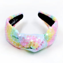 Load image into Gallery viewer, headband for women, summer Knot headband, rainbow headband, Summer knotted headband, Multicolor top knot headband, multi color top knotted headband, multicolor knotted headband, Bright knot headband, rainbow Sequin hair band, rainbow sequin knot headbands, rainbow knot headband, statement headbands, top knotted headband, knotted headband, Multicolor accessories, embellished headband, luxury headband, embellished knot headband, multicolor knot headband, summer knot embellished headband