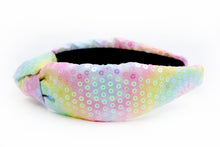 Load image into Gallery viewer, headband for women, summer Knot headband, rainbow headband, Summer knotted headband, Multicolor top knot headband, multi color top knotted headband, multicolor knotted headband, Bright knot headband, rainbow Sequin hair band, rainbow sequin knot headbands, rainbow knot headband, statement headbands, top knotted headband, knotted headband, Multicolor accessories, embellished headband, luxury headband, embellished knot headband, multicolor knot headband, summer knot embellished headband