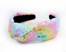 Load image into Gallery viewer, headband for women, summer Knot headband, rainbow headband, Summer knotted headband, Multicolor top knot headband, multi color top knotted headband, multicolor knotted headband, Bright knot headband, rainbow Sequin hair band, rainbow sequin knot headbands, rainbow knot headband, statement headbands, top knotted headband, knotted headband, Multicolor accessories, embellished headband, luxury headband, embellished knot headband, multicolor knot headband, summer knot embellished headband