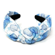 Load image into Gallery viewer, headband for women, blue knot headband, headbands for women, seashells headband, white blue headband, blue top knot headband, seashell top knot headband, blue white knot headband, summer hairband, trendy headbands, handmade headbands, blue top knotted headband, knotted headband, custom headband, fashion headbands, handmade headband, sea headband, vacation headband, blue seashells headband, handmade gifts, headband for women, best selling items, resort style, resort accessories