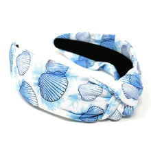 Load image into Gallery viewer, headband for women, blue knot headband, headbands for women, seashells headband, white blue headband, blue top knot headband, seashell top knot headband, blue white knot headband, summer hairband, trendy headbands, handmade headbands, blue top knotted headband, knotted headband, custom headband, fashion headbands, handmade headband, sea headband, vacation headband, blue seashells headband, handmade gifts, headband for women, best selling items, resort style, resort accessories