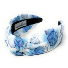 Load image into Gallery viewer, headband for women, blue knot headband, headbands for women, seashells headband, white blue headband, blue top knot headband, seashell top knot headband, blue white knot headband, summer hairband, trendy headbands, handmade headbands, blue top knotted headband, knotted headband, custom headband, fashion headbands, handmade headband, sea headband, vacation headband, blue seashells headband, handmade gifts, headband for women, best selling items, resort style, resort accessories