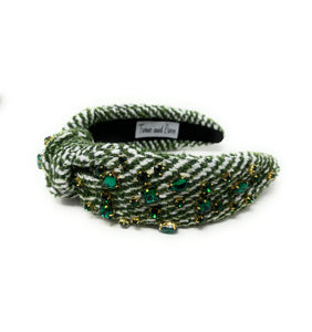 Green Tweed Jeweled Knot Headband