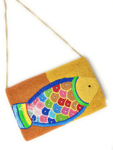 Load image into Gallery viewer, Colorful handmade fish clutch purse with bright geometric scales, seed beads, and playful ocean-inspired patterns.