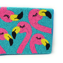 Load image into Gallery viewer, Tropical flamingo beaded pouch featuring colorful pink birds and playful summer vibes