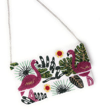 Load image into Gallery viewer, Tropical flamingo clutch purse handcrafted with intricate beadwork, featuring pink birds and jungle-inspired designs.