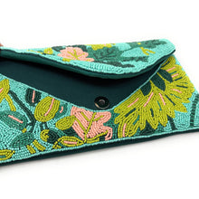 Load image into Gallery viewer, Tropical beaded clutch purse with leaves and flowers in teal tones
