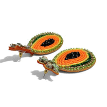 Load image into Gallery viewer, Colorful fruit-themed statement earrings designed as sliced papayas, featuring handcrafted beads, rhinestones, and botanical crystal accents.