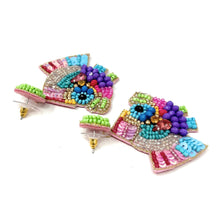 Load image into Gallery viewer, Artisan-made fish drop earrings featuring detailed bead embroidery, sparkling sequins, and colorful gemstone accents.