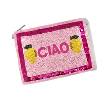 Load image into Gallery viewer, Vibrant handcrafted pouch with sparkling hot pink trim, detailed beadwork, and cheerful lemon accents surrounding the word “CIAO.”