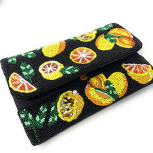 Load image into Gallery viewer, Black statement evening bag with colorful lemon, orange, and leaf beadwork