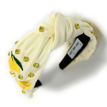 Load image into Gallery viewer, Handmade lemon embellished headband featuring tropical citrus embroidery and a stylish knotted silhouette.