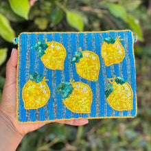 Load image into Gallery viewer, Small artisan beaded pouch with yellow lemon sequins, ocean-blue striped beads, and a fun Mediterranean summer aesthetic.