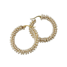 Load image into Gallery viewer, Pair of pearl hoop earrings on a white background