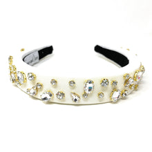 Load image into Gallery viewer, Ivory satin headband embellished with sparkling clear crystals and gold-tone settings for an elegant statement look.