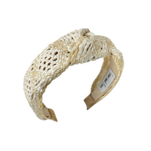 Load image into Gallery viewer, A raffia woven headband with a monochrome ivory and beige pattern, featuring a knotted design.