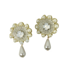Load image into Gallery viewer, Elegant earrings feature clear beads surrounded by small pearls in a floral pattern, with a pearl teardrop dangling below, creating a classic, refined look.