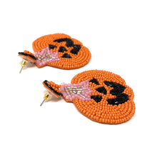 Load image into Gallery viewer, Pumpkin-shaped earrings with beaded design on a white background