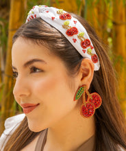 Load image into Gallery viewer, summer headband for women, white Knot headband,  cherry lover headband, Summer knotted headband, cherry top knot headband, white cherry top knotted headband, Chic headband, cherries white hair band, statement knot headbands, white color headband, statement headbands, top knotted headband, knotted headband, cherry lover gifts, cherry embellished headband, gemstone knot headband, luxury headband, embellished knot headband, jeweled knot headband, white knot embellished headband 