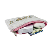 Load image into Gallery viewer, Small white beaded zip pouch with rainbow text detail