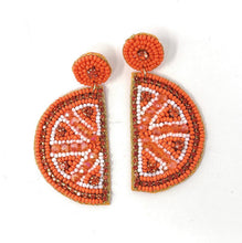 Load image into Gallery viewer, Bright orange fruit-inspired beaded earrings with intricate seed detail