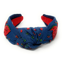 Load image into Gallery viewer, Casual chic denim hairband adorned with bright watermelon slice embellishments and tiny seed bead accents.