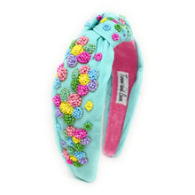 Load image into Gallery viewer, Handmade rainbow drop earrings with flower studs and positive “Be Kind” message worn with a light blue embellished headband.