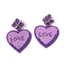 Load image into Gallery viewer, LOVE Heart Candy Beaded Earrings, Heart Candy Earrings, Valentines Day Earrings, Valentines Beaded Earrings, sweethearts Conversation heart earrings, Valentines Heart earrings, Purple heart earrings, valentine’s day beaded earrings, XOXO beaded earrings, valentines beaded earrings, Hearts earrings, Valentine’s day earrings, valentines day gifts, tween girls accessories, Valentine’s day accessories, Best friend gifts, Best selling items, boho earrings, custom earrings, unique earrings, unique gifts