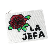 Load image into Gallery viewer, White beaded pouch with a red rose and 'LA JEFA' text on a white background