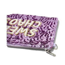 Load image into Gallery viewer, Glamorous lilac sequin accessory pouch featuring handcrafted beadwork and bold Sweet Chaos typography.