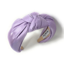 Load image into Gallery viewer, Lavender satin headband with a knot detail, showcasing a shiny texture. The interior reads &quot;Time and Love,&quot; conveying elegance and style.