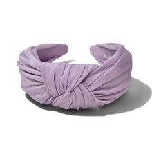 Load image into Gallery viewer, A lavender purple twisted fabric headband with a knotted center, displayed on a clean white background with a soft shadow.