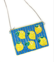 Load image into Gallery viewer, Vibrant lemon beaded zip pouch with colorful striped beadwork, yellow citrus motifs, and handcrafted sequin embroidery.