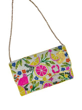 Load image into Gallery viewer, Handmade sequined clutch purse with pink grapefruit slices, yellow lemons, and vibrant floral beadwork on a white background.