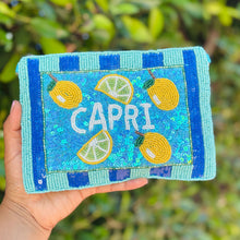 Load image into Gallery viewer, Small beaded zipper pouch decorated with lemons, lime slices, and sparkling turquoise sequins.